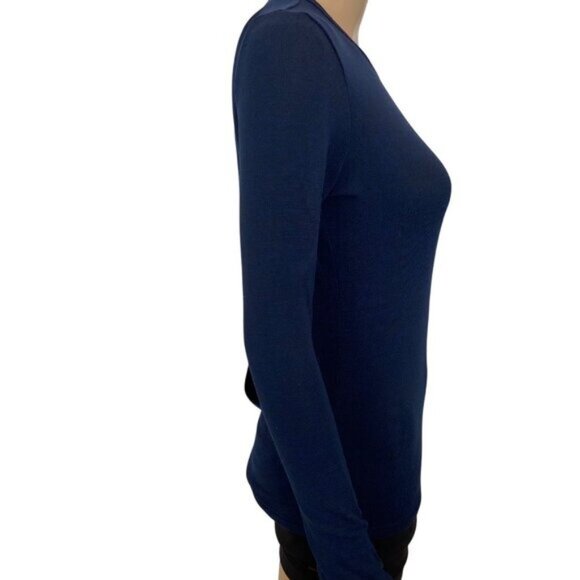 Womens Navy Open-Back Long Sleeve Top S Karma Stretchy Fabric Casual Fit Round - Picture 5 of 13